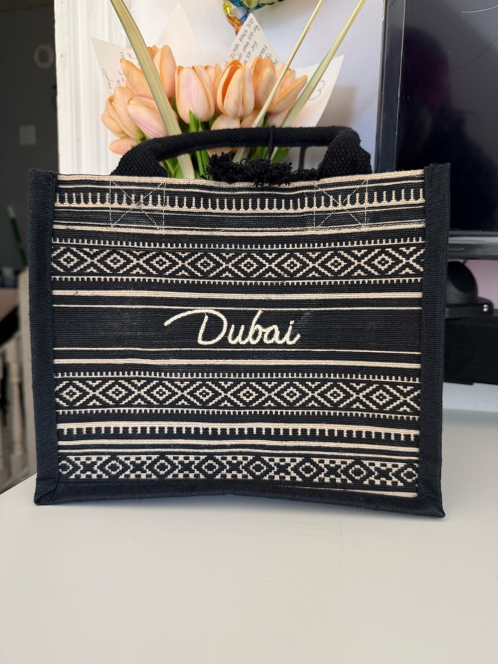 Dubai Black & Cream Patterned Tote Bag